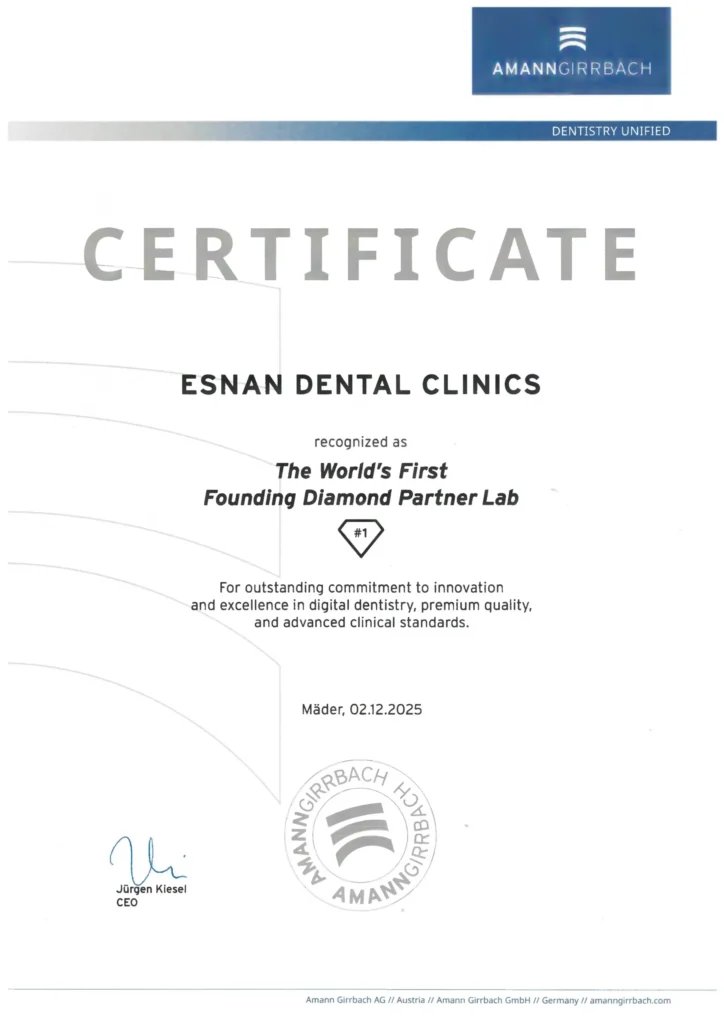 Esnan Dental Clinics Amann Girrbach World's First Founding Diamond Partner Lab Certificate