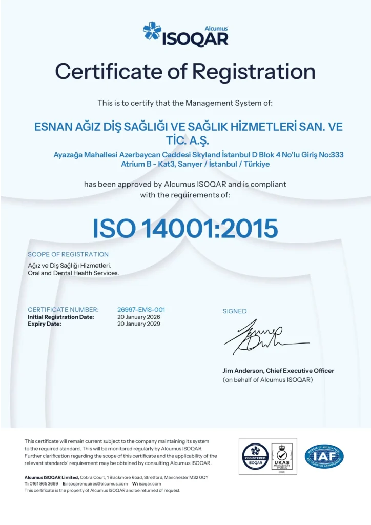 Esnan Dental Clinics ISO 14001 Environmental Management System Certificate