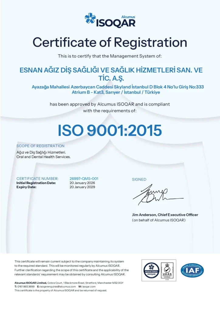 Esnan Dental Clinics ISO 9001 Quality Management System Certificate