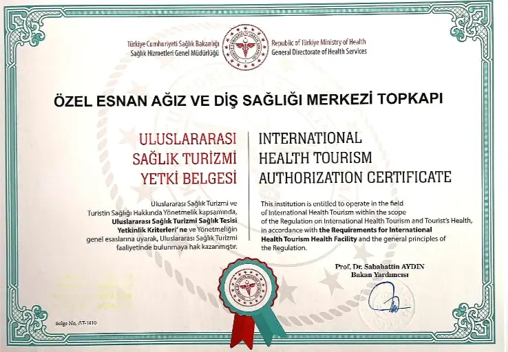 Esnan Dental Clinics Topkapi Branch International Health Tourism Authorization Certificate