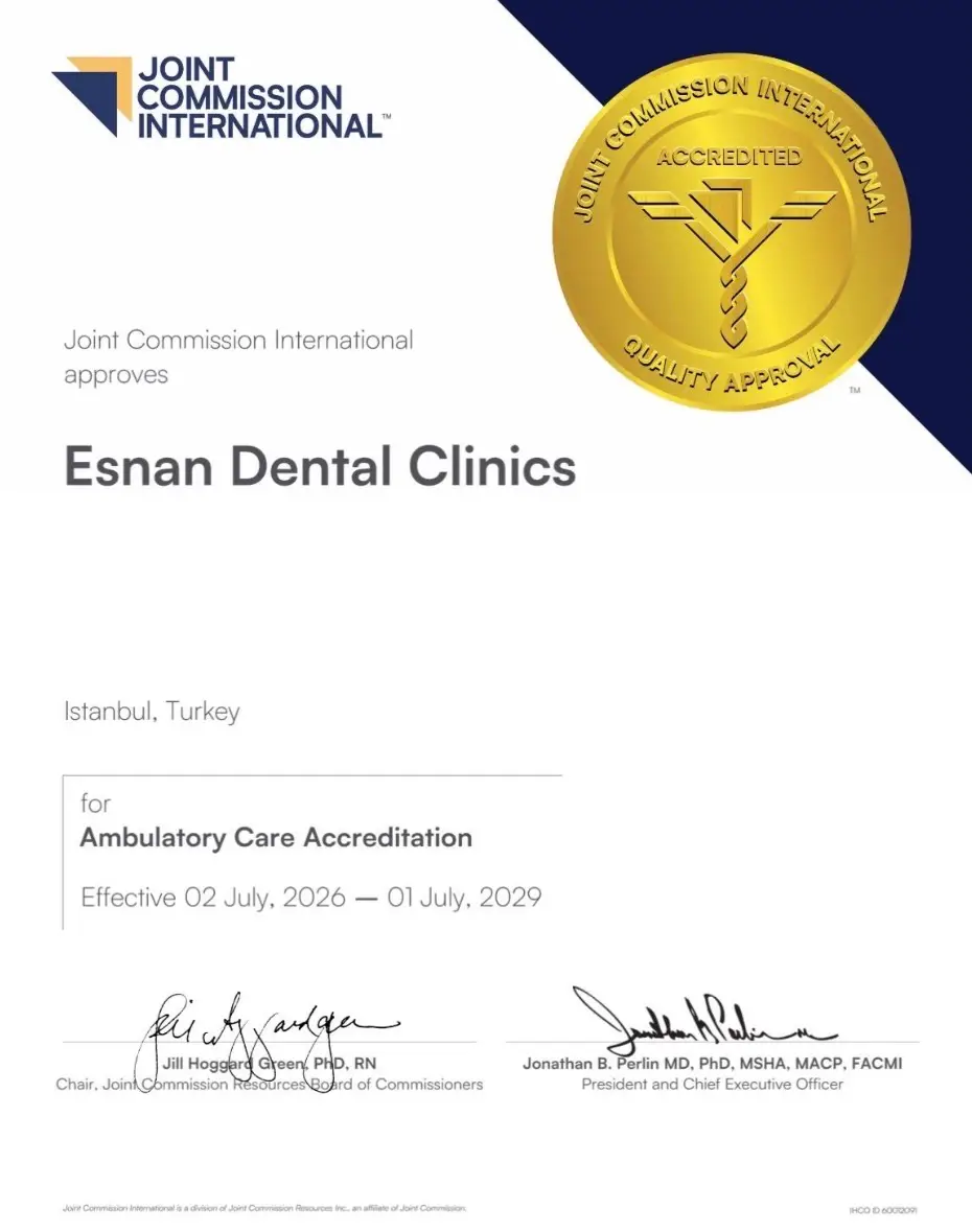 Esnan Dental Clinics JCI Ambulatory Care Accreditation Certificate