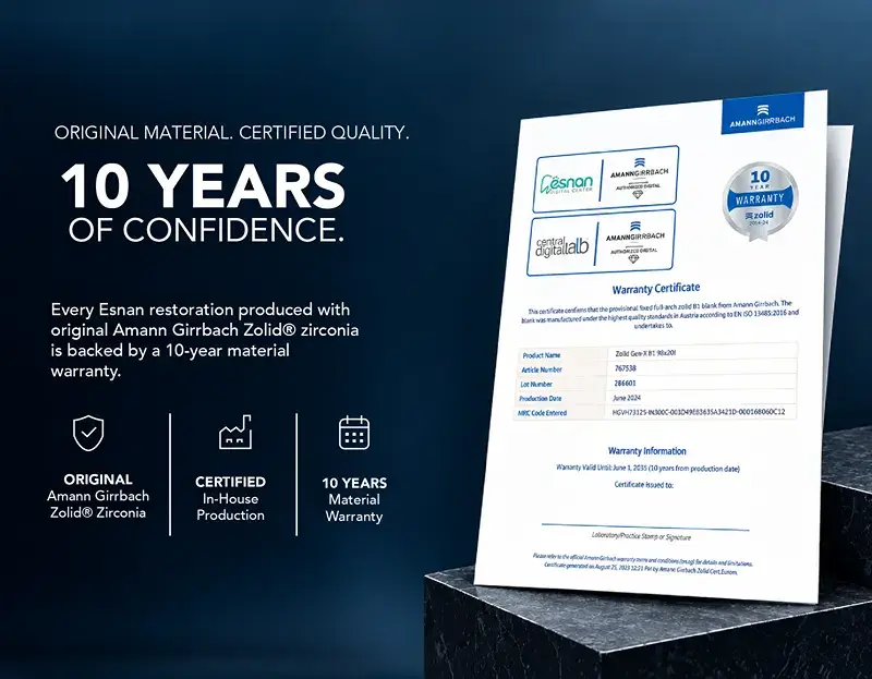 Amann Girrbach Zolid zirconia 10-year material warranty certificate for restorations produced by Esnan Digital Center